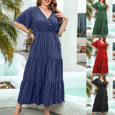 V Neck Plus Size Sundresses On Sale Womens Summer V Neck Polka Dot Maxi  Dress Ladies Beach Holiday Swing Sundress