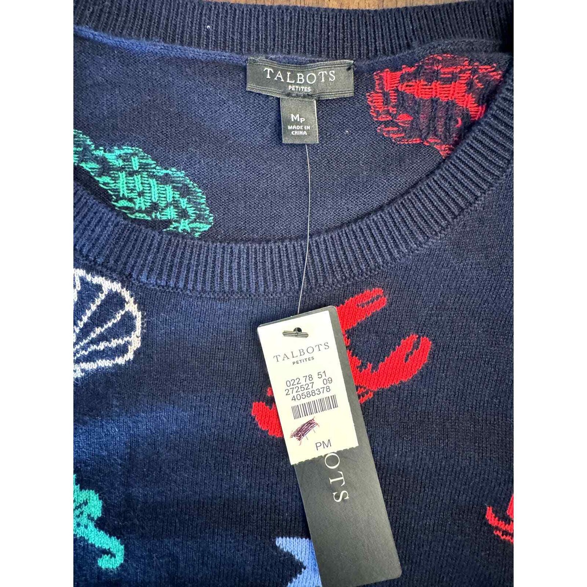 Talbots dark blue seashell nautical motiff sweater women's Petite