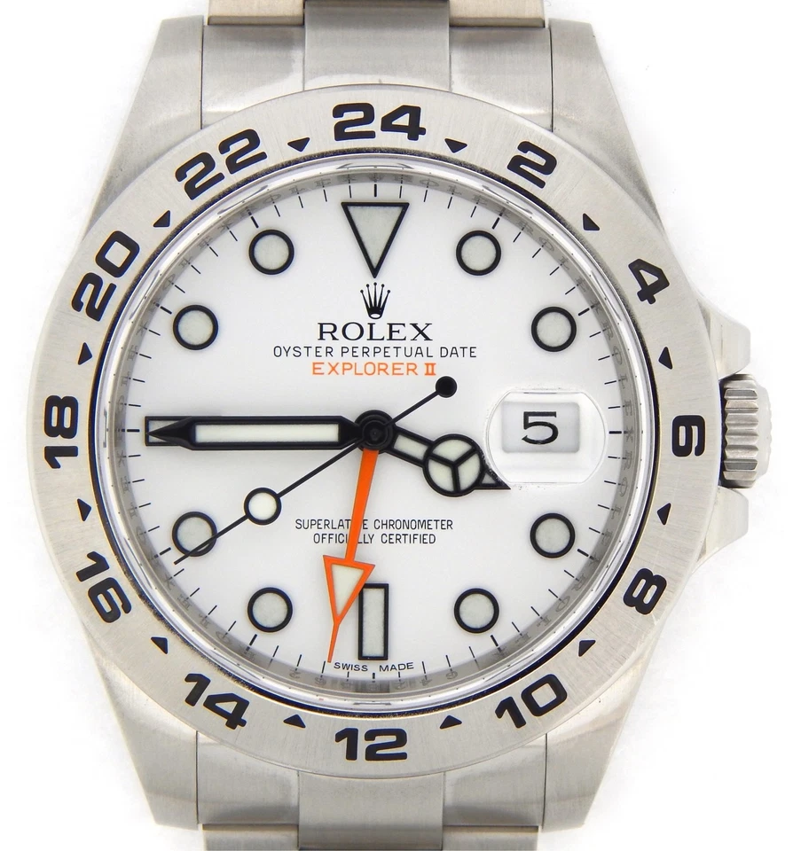 Reloj Rolex SS Explorer II de acero inoxidable para hombre 42 mm naranja mano blanco 216570