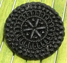 Antique Black Glass Button Faceted Relief Geometric Tunnel Shank 7/8"