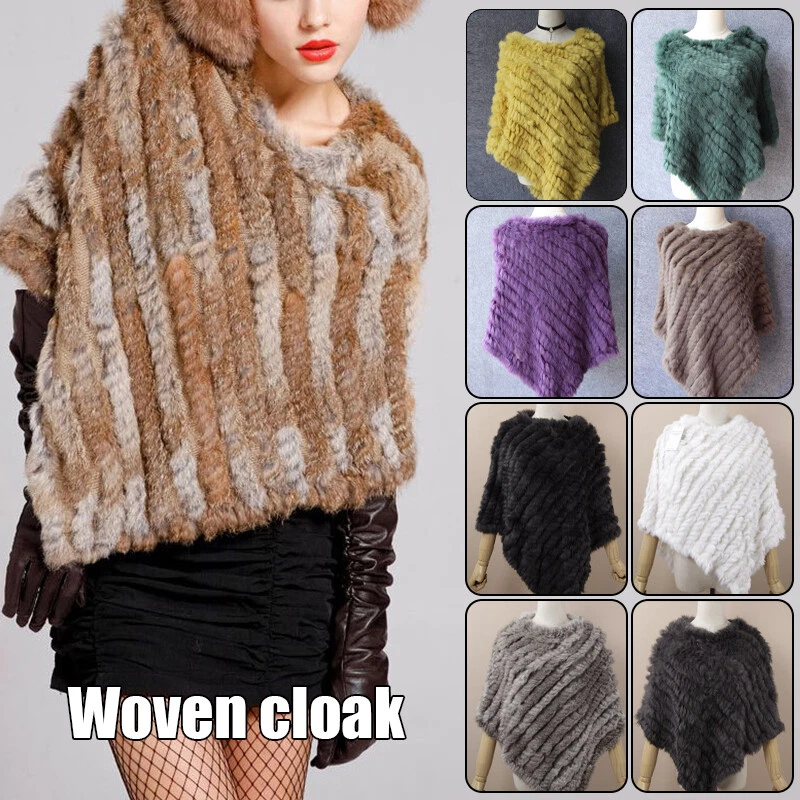 Women Fashion Real Rabbit Fur Poncho Knitted Shawl Natural Fur Warm Top Pullover