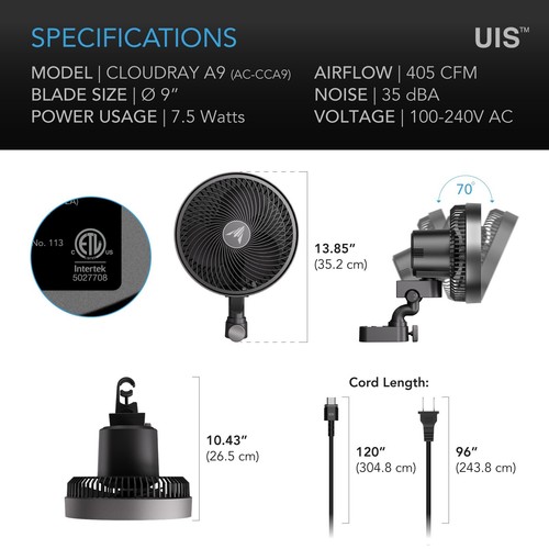CLOUDRAY A9, Grow Tent Clip Fan 9”, Weatherproof IP-54, Manual Swivel - Picture 6 of 7