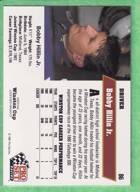 1991 Pro Set Racing #86 Bobby Hillin Jr. Driver NASCAR - Image 2 of 2