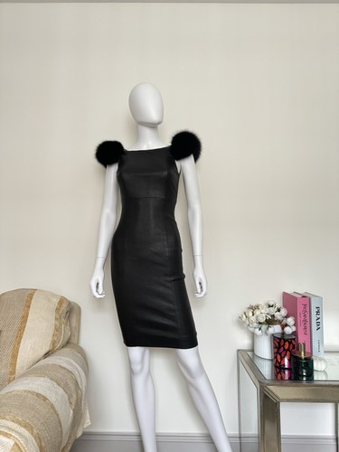 £900 Auth Thomas Wylde Superb Rare Black Lambskin Leather dress w Fur Pom Pops 8 - Picture 3 of 20
