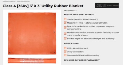 OEL Utility Rubber Blanket 3x3 Class 4 Orange 36KV