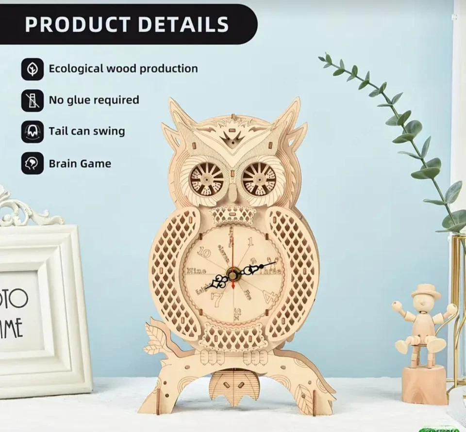 Vintage Clock Wooden 3D kit Night Owl wagging tail Puzzle DIY Jigsaw Book Nook - Image 2 of 4