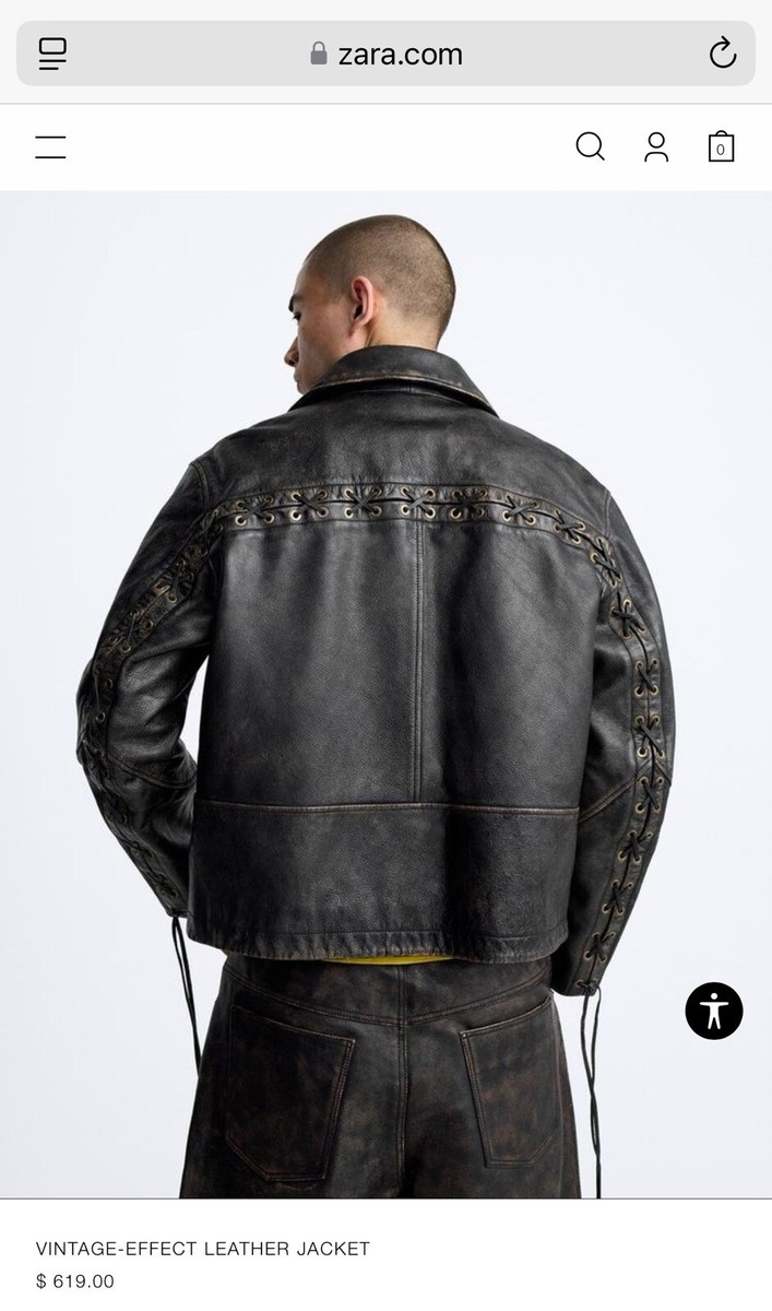 ZARA $619 Vintage Effect 100% Cow Leather Jacket Mens S/M Unisex
