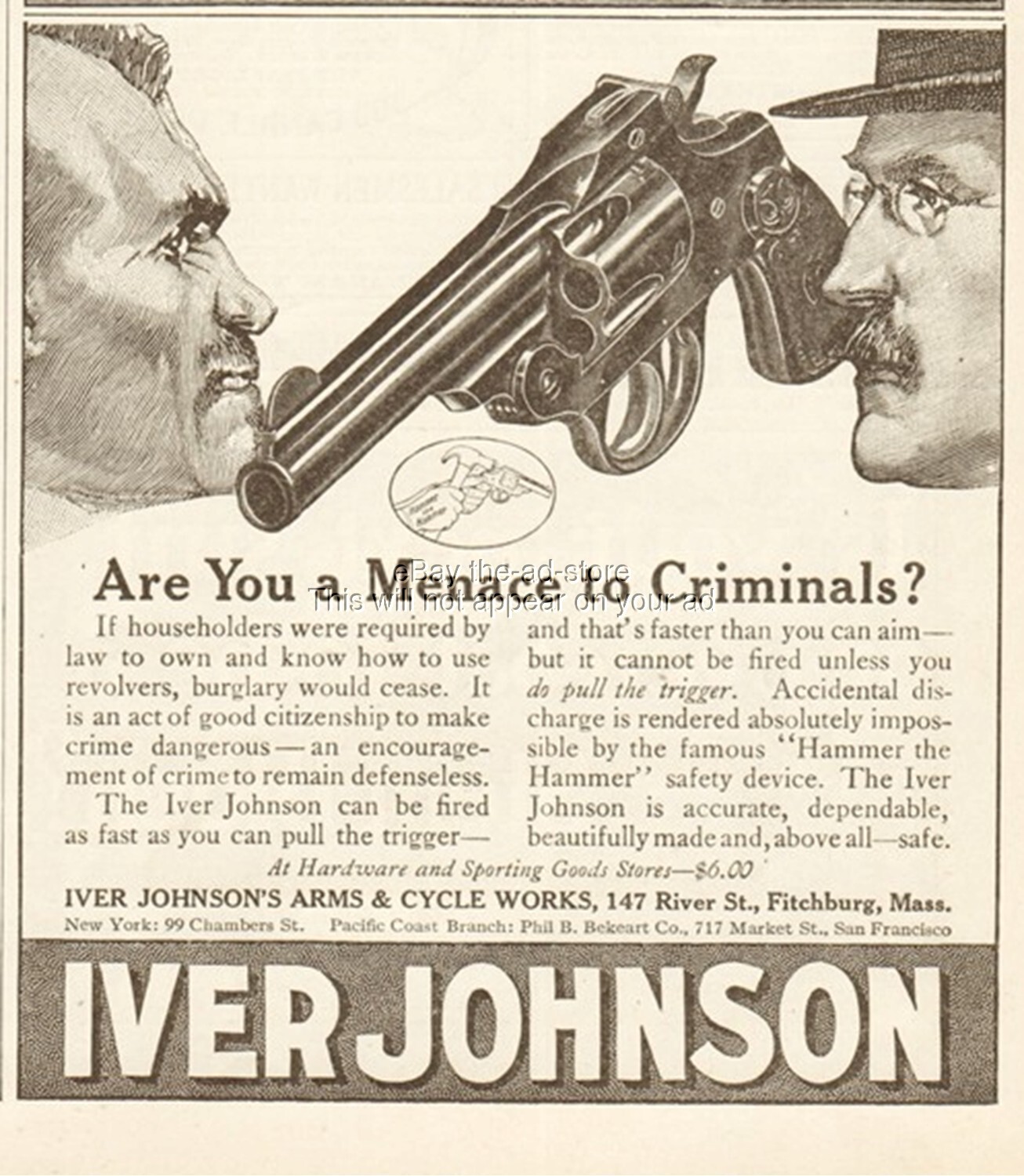 1912 Iver Johnson Ad Fitchburg MA Safety Automatic Revolver Menace to Criminals