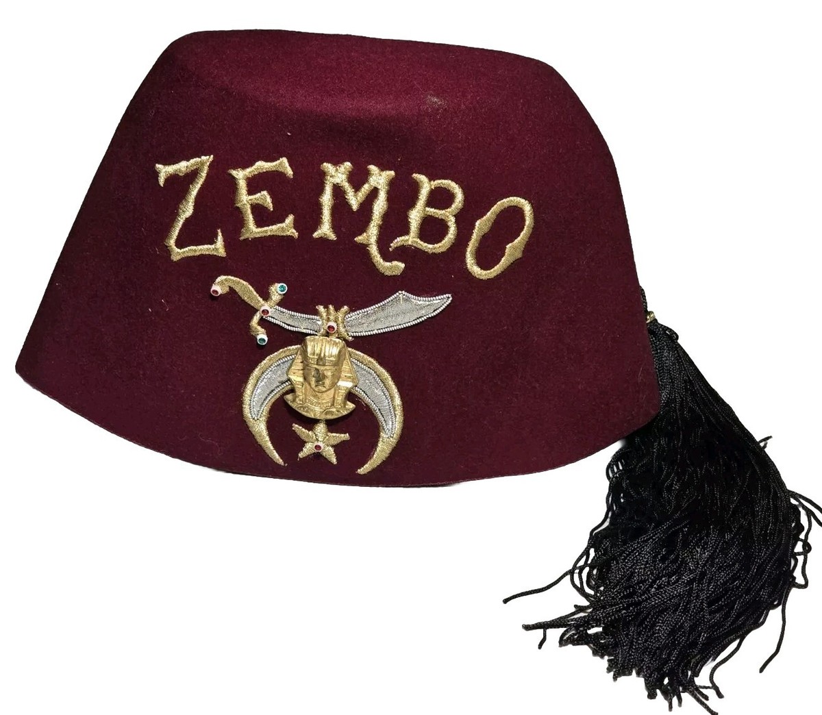 Zembo Shriners Masonic Faux Jeweled Fez Vintage Red Hat w Black
