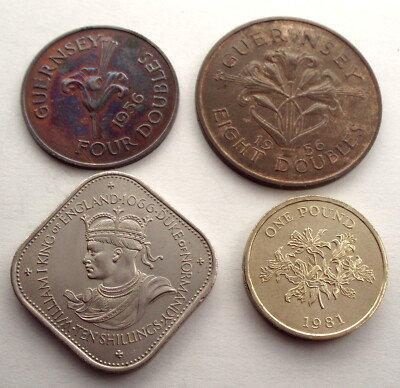 GUERNSEY 4 & 8 DOUBLES 1956, 1 POUND 1981, 10 SHILLING 1966 1F10.4