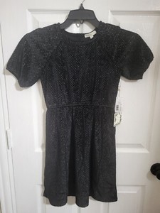 C&V Chelsea & Violet Girls Puff Sleeve Velvet Lurex Mini Dress, Black Size L 