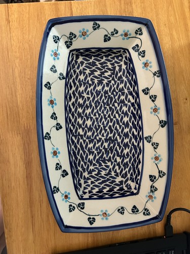 Boleslawiec Polish Pottery Blue Floral Green Leaf 11" Rectangular Serving Dish