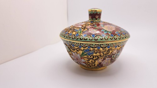 Ciotola piccola vintage cinese Cloisonne Champleve smalto dorato con coperchio - Foto 4 di 10