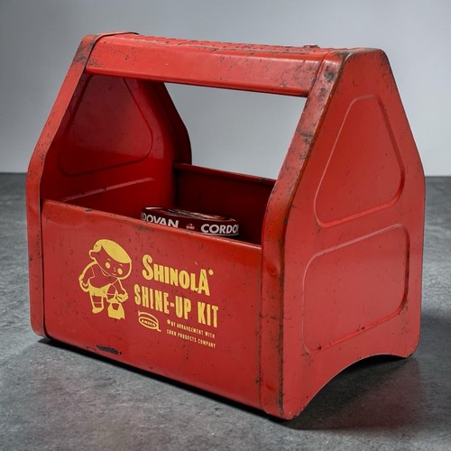 Vintage Shinola Metal Shoe Shine Box With 4 Kiwi Brushes And Used Polish Cans