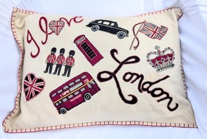 Jan Constantine I Love London City Embroidered Wool Pillow W Down Insert 22x16