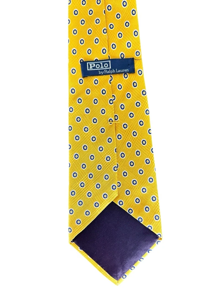 Corbata de seda Polo Ralph Lauren para hombre amarillo azul puntos geométricos 4” de ancho hecha a mano EE. UU. Foto 3 de 4