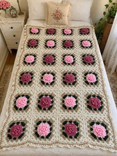 Crochet 3D Rose Afghan Throw Pink Floral Gran...