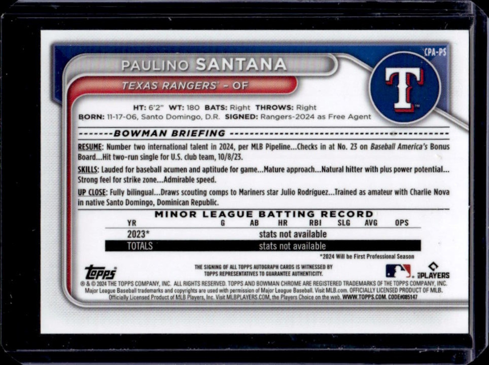 2024 Bowman Chrome Paulino Santana Auto Red Wave Refractor 1st #/5 Rangers view 2