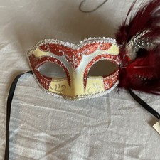Venetian Masquerade Eyemask Red White Feather Adjustable Costume Mask