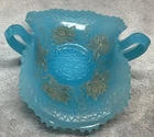 Vtg. Fenton Pond Lily & Leaf White Decoration on Persian Blue Candy Dish Ca:1915