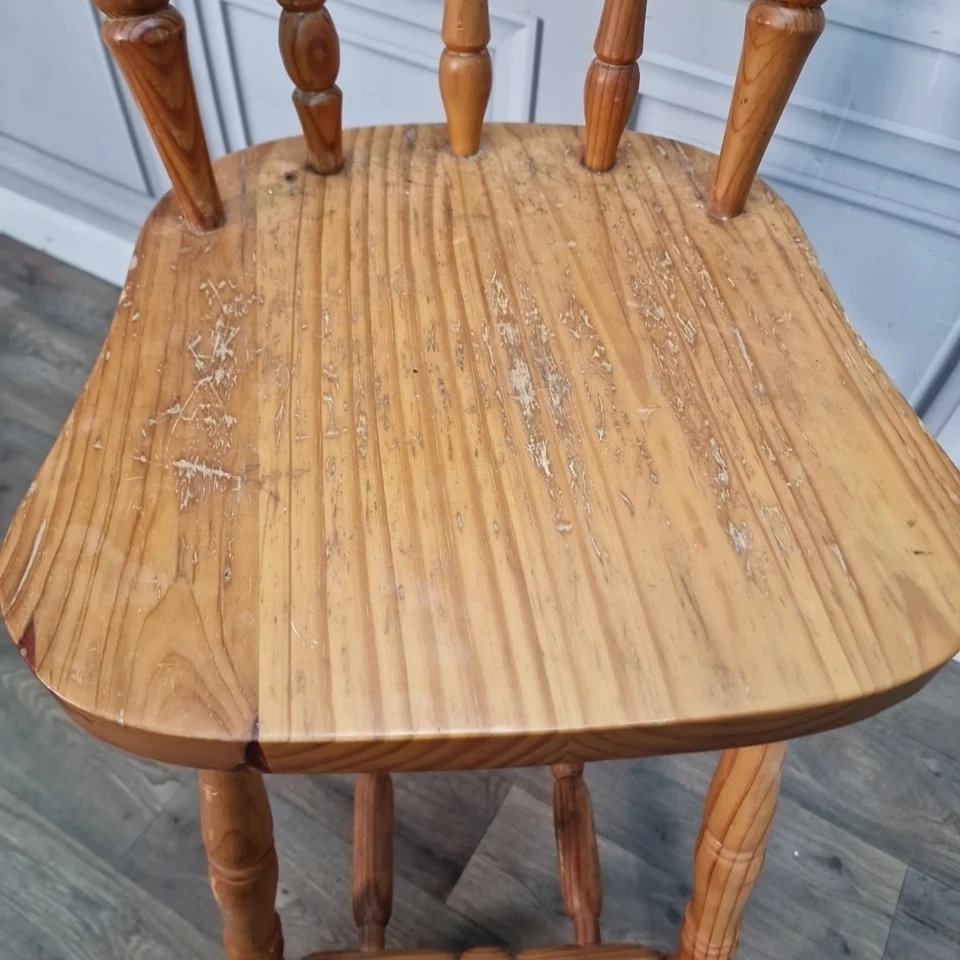 Vintage Wooden Bar Stool – Turned Rustic Pine Kitchen Breakfast Tall Chair Retro - Image 4 of 4