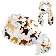 Animals Dogs Scrub Caps Adjustable Work Cap Surgical Nurse Hat Bow Scrunchy