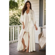 Vintage California Dynasty Satin Robe Women's M Ivory Long Lace Peignoir Bridal