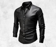 Genuine Cowhide Leather Shirt Bk Long Sleeve Western Style Top