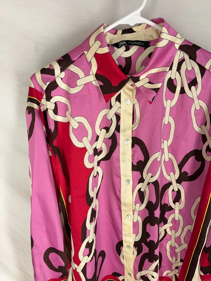 Blusa ZARA Talla Mediana Abotonada Manga Larga Diseño Eslabones Mujer Top Foto 3 de 4