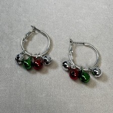 Vintage Christmas Holiday Costume Hoop Jingle Bells Drop Earrings