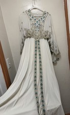 Chiffon embroidered beaded kaftan dress, white turquoise, long bell sleeves
