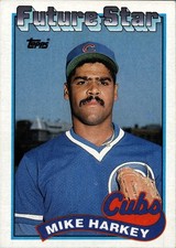 1989 Topps Mike Harkey Topps logo and Future Stars Header Rookie Card #742. rookie card picture