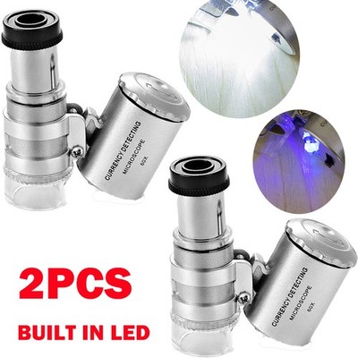 2Pcs 60X Magnifying Loupe Jewelry Pocket Magnifier Loop Eye Coins LED Light HOT