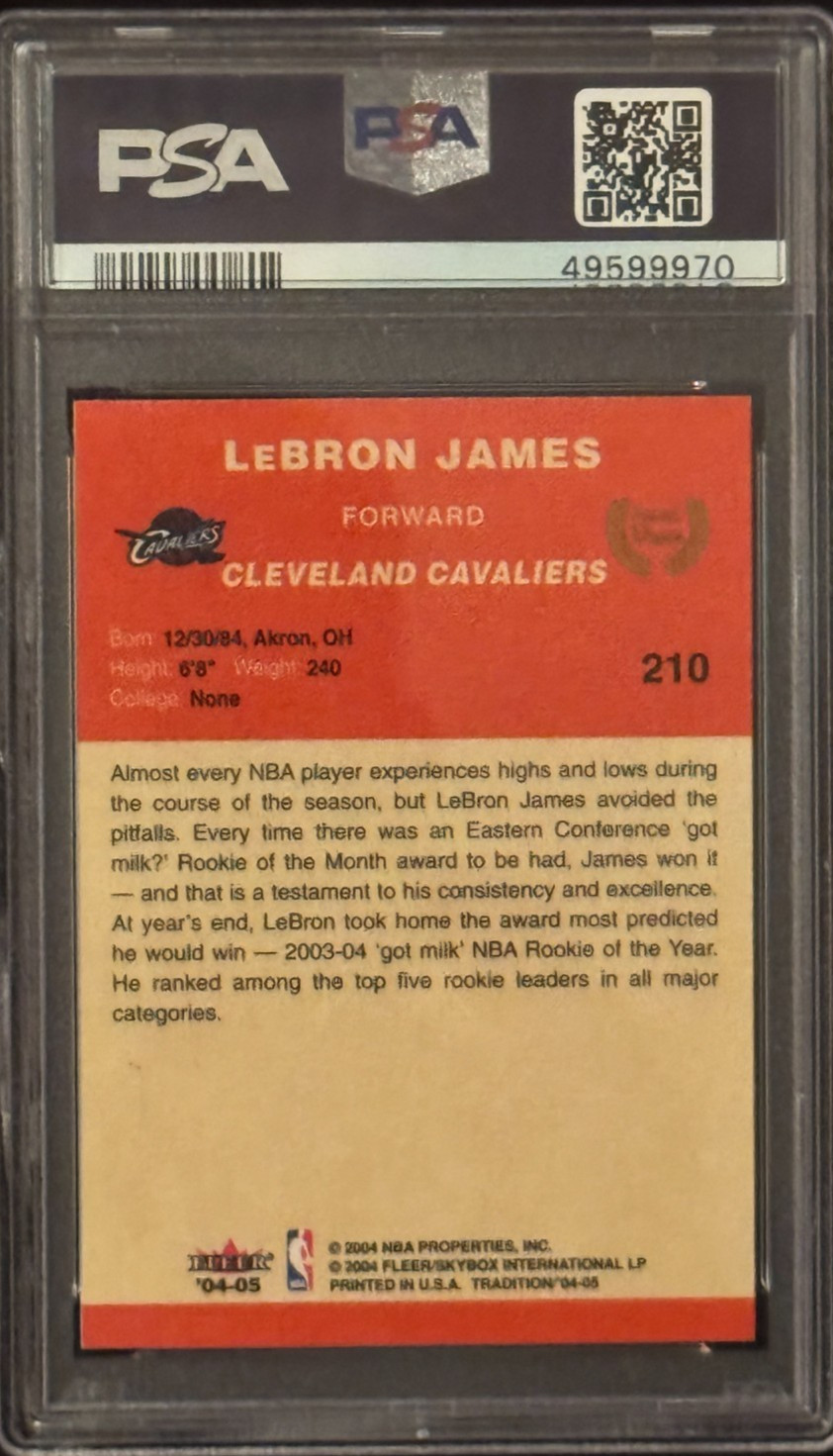 2004 LeBron James #210 Fleer Tradition Red AWARD WIINNER PSA 9 MINT view 2