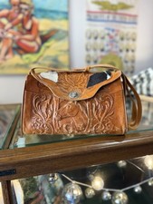 Vintage Hand Tooled Leather Purse Cross Body Bag With Horse Motif And Cowhide