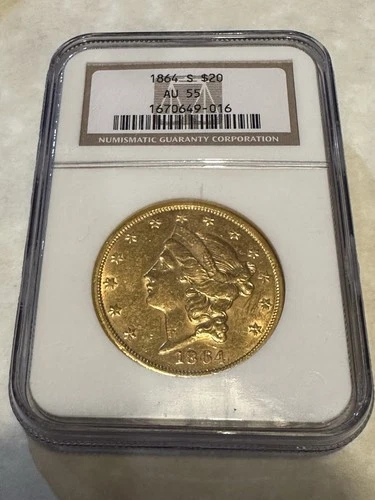 1864-S $20 NGC AU55 Double Eagle Gold Coin Civil War PQ great appeal (no PCGS)