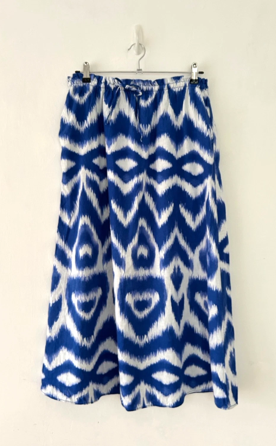 H & M Skirt Women's Linen Blend Blue & White Boho Elastic Maxi Ikat Size S BNWT