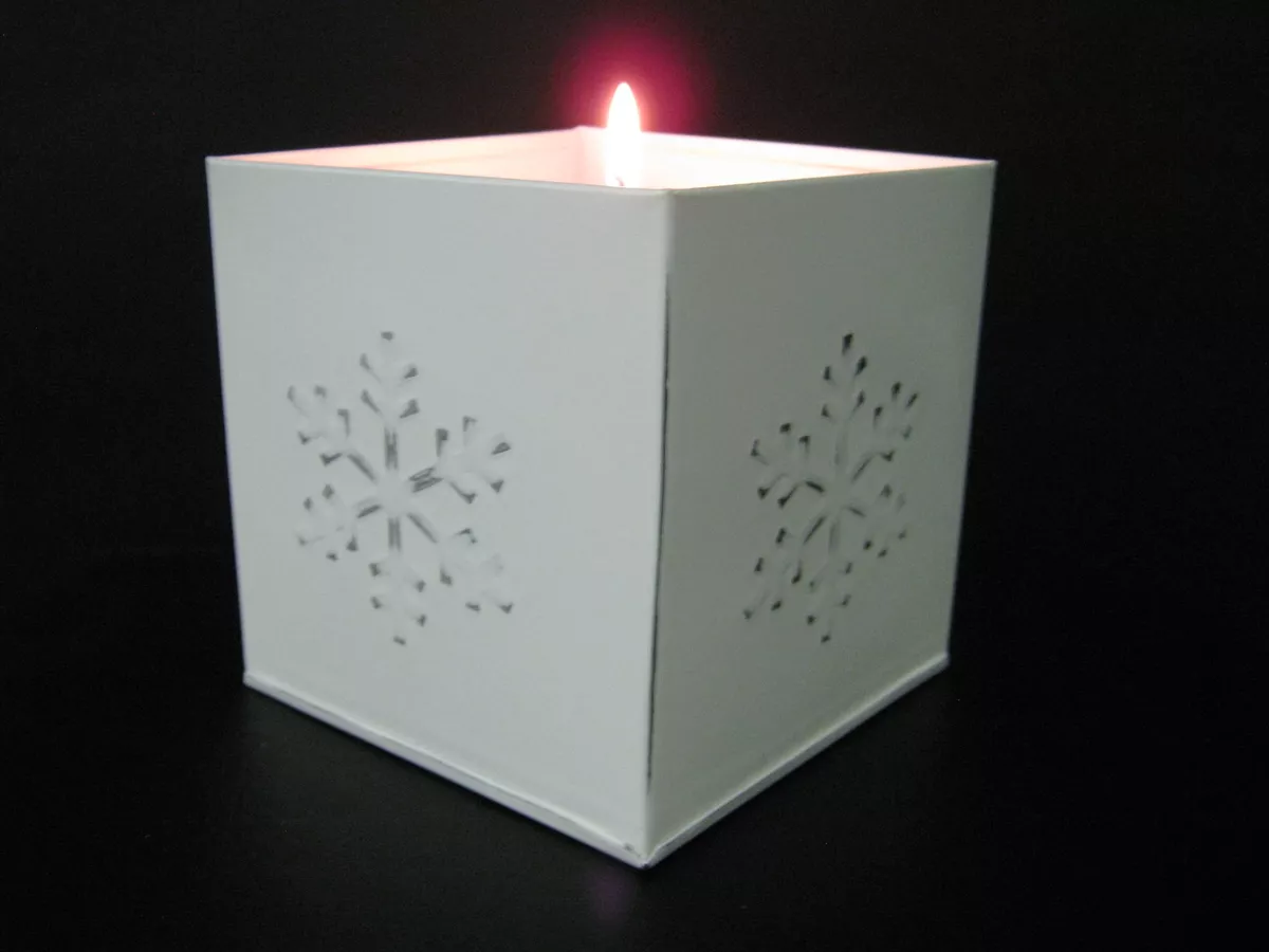 Christmas Snowflake Metal Tin Tea Light Holder 12cm Cube. Candle