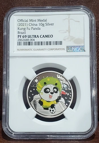 2021 NGC PF 69 CHINA 10g Silver "KUNG FU PANDA-MINT MEDAL-BRAZIL" Ultra Cameo