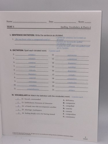 Abeka 6th Grade Spelling, Vocabulary, And Poetry 6 Test Key, 6th Edition - Picture 7 of 7