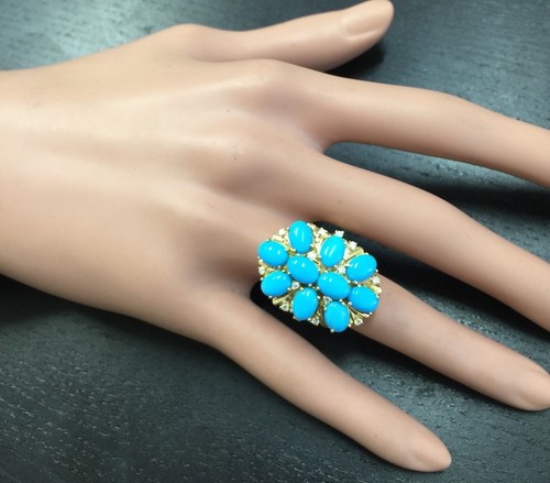 6.80 Carats Natural Turquoise and Diamond 14K Solid Yellow Gold Ring - Picture 5 of 8