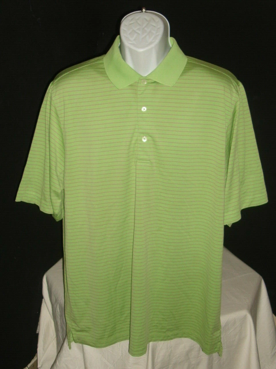 DONALD ROSS GREEN/PURPLE STRIPED 100% POLYESTER S/S POLO SHIRT SZ. L