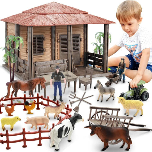 Farm Animals Farmhouse Building Toys, Figurines and Fence Playset,...