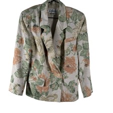 Vintage Rafaelle Floral Blazer Linen Blend Button Up Green Ivory Shoulder Pads 6