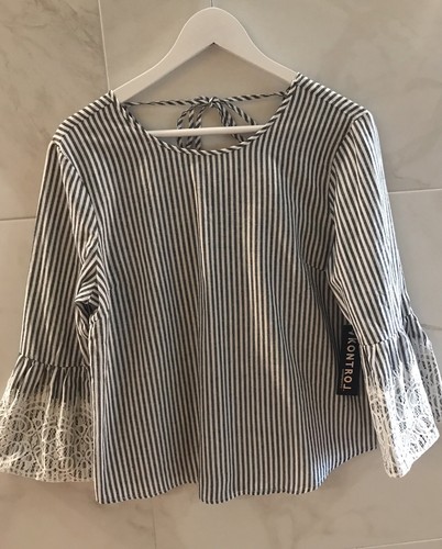 Kontrol modern weiß/grau gestreift Spitze Glockenärmel Top Bluse Gr. L Neu mit Etikett - Bild 1 von 8