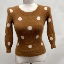Wallace Women's Sweater Small Brown White Polkadots Angora Rabbit Hair Blend
