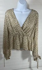 SHEIN Tan With White Design Tie Long Sleeves Blouse Top Women's Size Medium