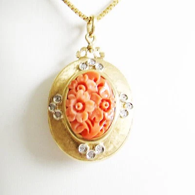 Anhänger Gold 750er Medaillon Koralle Diamanten Goldschmuck Damen 18 kt  - Bild 1 von 4