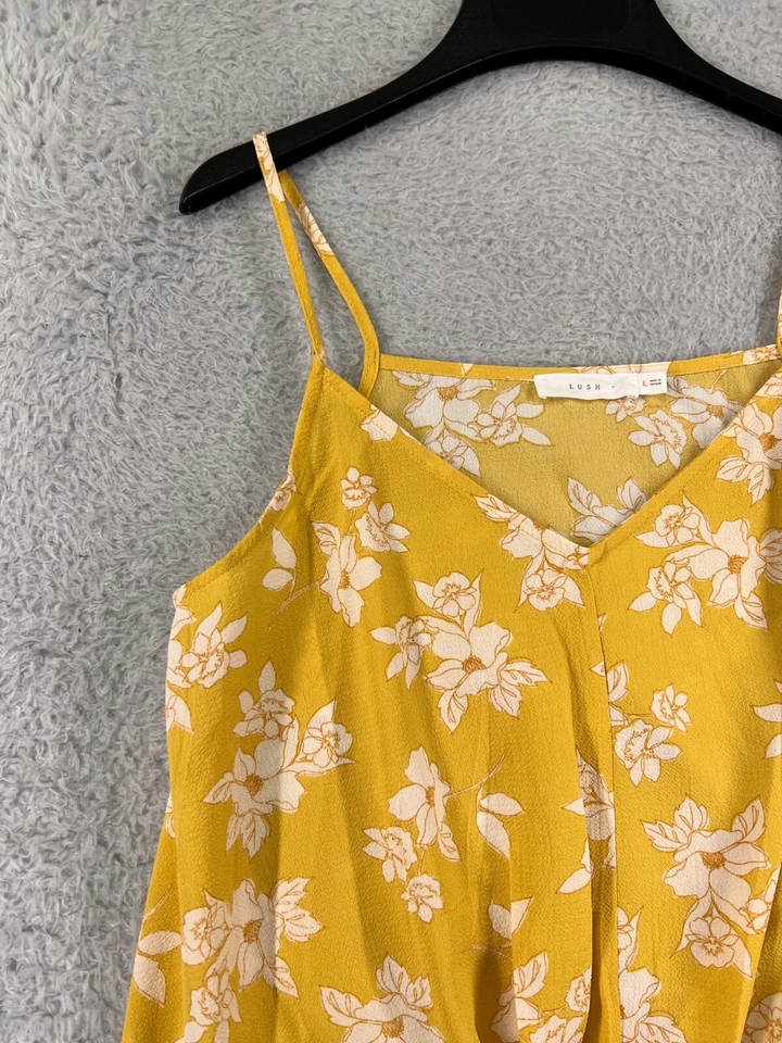 Lush Shirt Womens Large Yellow Floral Spaghetti Strap Crop Polyester V-Neck - Image 3 of 4