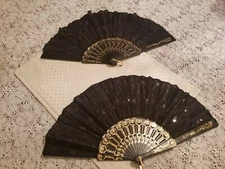 Black Embroidered Fabric Folding Hand Held Fan Sequins Party Bridals USA Seller